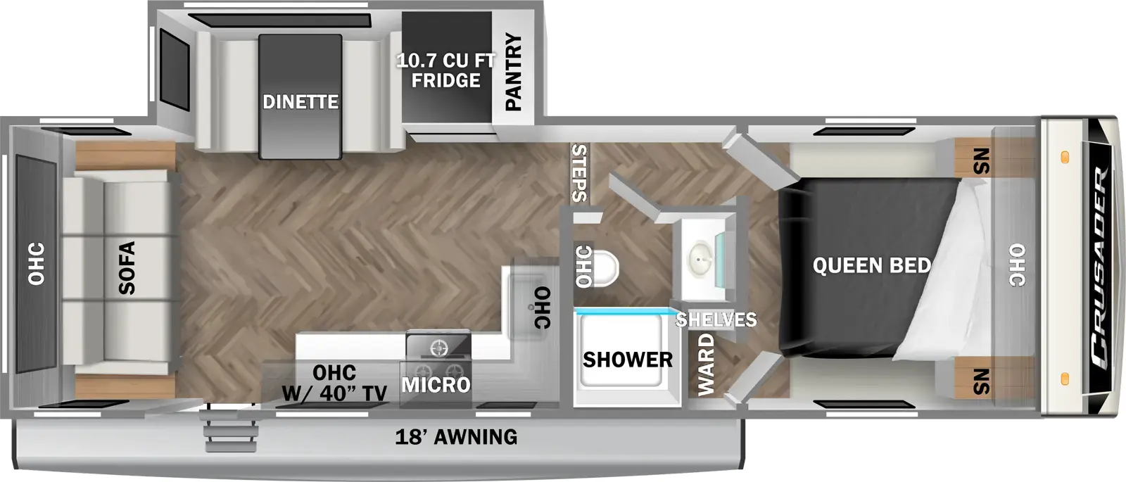The 250RLX has one slideout and one entry. Exterior features an 18 foot awning. Interior layout front to back: foot-facing queen bed with overhead cabinet and wardrobes on each side, and a door side wardrobe with shelves along inner wall; door side full bathroom; off-door side steps down to main living area; off-door side slideout with pantry, refrigerator, and dinette; kitchen counter with sink and overhead cabinet wraps from inner wall to door side with cooktop, microwave, TV, and entry; rear sofa with overhead cabinet.
